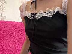 sexy maid skips panties caresses her hairy pussy to shaking orgasm