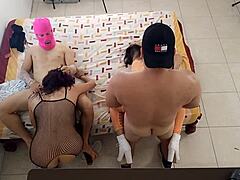 spanish orgy erupts as brunette rides hard while white girl eyes her man hungrily