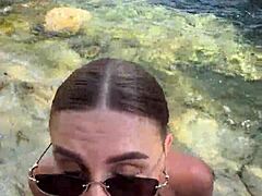 Wild stranger blowjob explodes cum all over face and huge tits on beach!