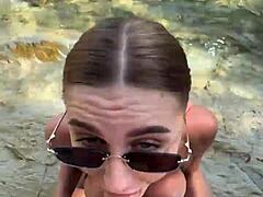 Wild stranger blowjob explodes cum all over face and huge tits on beach!