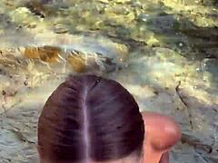 Wild stranger blowjob explodes cum all over face and huge tits on beach!