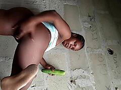 damn, this black teen's pussy lips stretch around huge cucumber