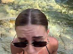 Wild stranger blowjob explodes cum all over face and huge tits on beach!