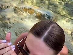 Wild stranger blowjob explodes cum all over face and huge tits on beach!