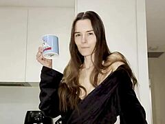 milf sucks dildo then fucks wet pussy with vibrator in kitchen 😩💦