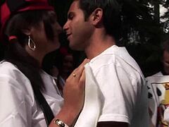 blonde lady moans doggy fucked outdoors piercings glinting