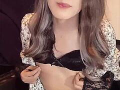 cute japanese crossdressing ladyboy in dress masturbates anal quietly on hidden cam