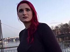 uhh that redhead college girl melina got fucked hard for cash in street casting with huge cock facial