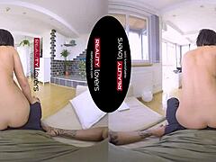 wifey rides cock in cowgirl then spoons for deep creampie in vr reality