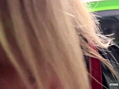Blonde italian slut risks public car deepthroat blowjob swallowing massive facial cumshot