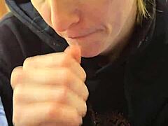 A smoke break turns into her swallowing skinny wife's load