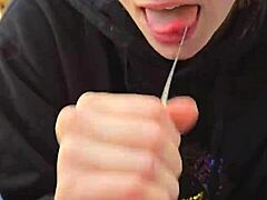 A smoke break turns into her swallowing skinny wife's load