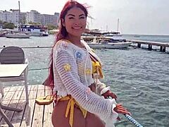 horny colombian aleja rides aaron's cock ending with mouthful cum in cowgirl quickie