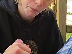 A smoke break turns into her swallowing skinny wife's load