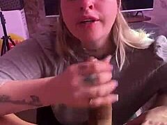 whoa magic tattooed girl in thong makes cock vanish with sloppy handjob cum swallow trick 😍🔥