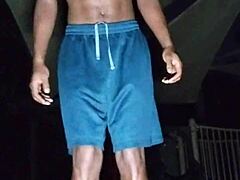 skinny brunette workouts in park gym solo