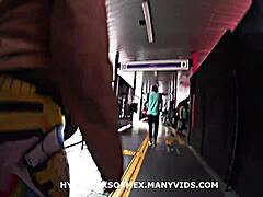 big booty girl in leggings lets guy grind on her in crowded metrobus until he slides in