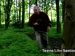 old guy secretly pounds teen brunette outdoors but she's loving every bent over thrust?