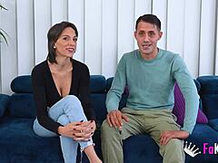 spanish brunette hottie rides boyfriend's cock after teasing interview