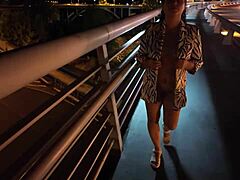 luscious curvy milf struts braless pantyless on bridge flashing huge tits