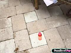 Step-mom! Your eyes are devouring my shaved pussy outdoors!