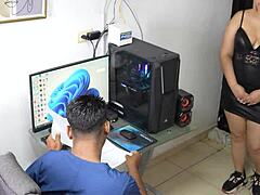 roommate's chubby latina ass spanked hard in office, big tits bounce on bbc