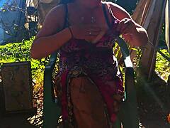 sexy brunette klaudiaambergirl masturbates natural tits outdoor in stockings