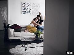 Krissy Lynn's horny kiss leads to sharing throbbing cock with lesbian lover