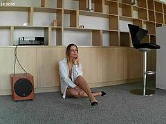 Blonde milf strips lingerie naked in stockings baring natural tits pussy