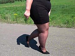 Mature BBW Struts in Nylon Heels on Public Road