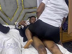 Sneaky ebony fat babe girlfriend sneaks crazy homemade sex with chubby friend in bedroom