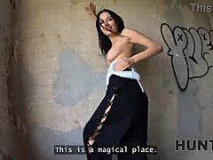 Stripped brunette trades clothes for cash in abandoned spot