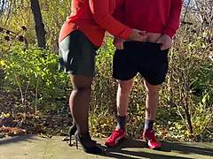 My fat milf mother-in-law grips my cock tight outside while I pee in public toilet fetish