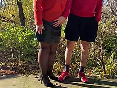 My fat milf mother-in-law grips my cock tight outside while I pee in public toilet fetish