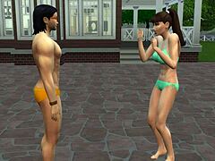 Muscular ebony bodybuilder teen with big tits fucks monster black cock by pool