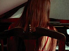Juicy redhead and brunette lesbians finger and lick on grand piano