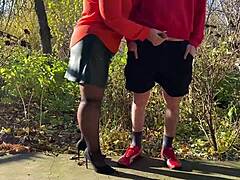 My fat milf mother-in-law grips my cock tight outside while I pee in public toilet fetish