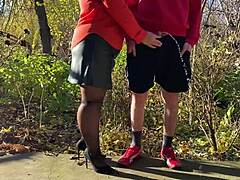 My fat milf mother-in-law grips my cock tight outside while I pee in public toilet fetish