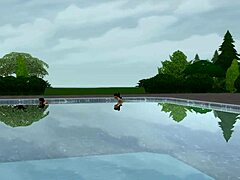 Muscular ebony bodybuilder teen with big tits fucks monster black cock by pool