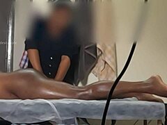 guy flashes throbbing cock during sneaky handjob massage and gets caught on camera in close-up dick reveal.