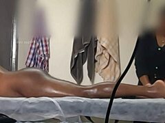 guy flashes throbbing cock during sneaky handjob massage and gets caught on camera in close-up dick reveal.