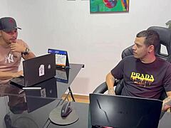 Skinny Latina secretary squirts from interracial anal creampie then swaps cum