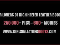 Kinky milf teases panties over nylon legs in leather boots