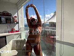 hey boys, check this married slut flashing her big pussy lips poolside