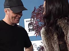 kinky brunette lets two guys double penetrate her tight asshole to escape trouble