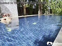 hot babe swims poolside teases topless then rides cock clothes ripped