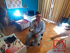 Nudist barber lady strips apron surprises client with juicy lips?