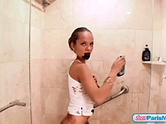 Dude, this chocolate-covered teen babe strips teasing in the shower for you