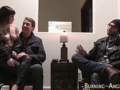 Emo tattoo punk girl with piercings kneels for deep emo rod sucking