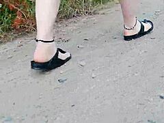 Chubby German Amateur Strolls Outdoors in Birkenstock Sandals Through Nature Trail